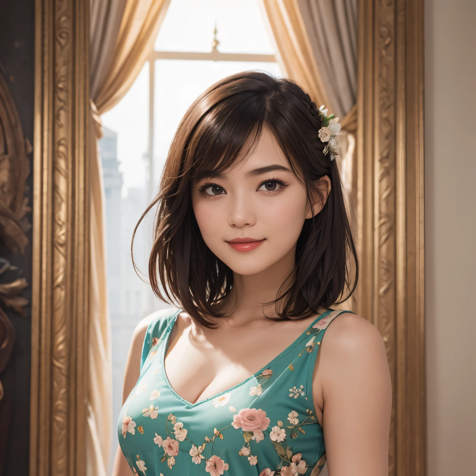 141
(a 20 yo woman,in the palace), (A hyper-realistic), (high-level image quality), ((beautiful hairstyle 46)), ((short-hair:1.46)), (kindly smile), (breasted:1.1), (lipsticks), (is wearing dress), (murky,wide,Luxurious room), (florals), (an oil painting、Rembrandt)
