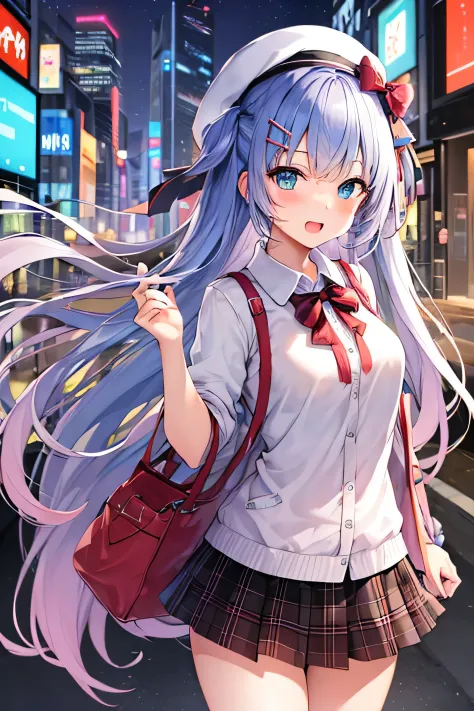 ​masterpiece、Top image quality、超A high resolution、miku hatsune、blue hairs、Twin-tailed、Blushing、mock、Open your mouth just a little、dressed casually、casual miniskirt、woman wearing a beret、Skyscraper、Japan、Night time