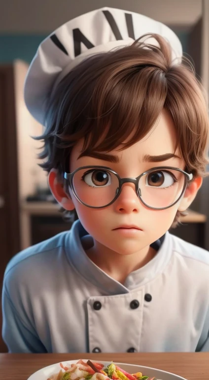 Close-up of a little boy wearing glasses, 3 d animated cartoon, pouty look,(Portrait of a boy in white cook's outlet 1.2), chef's hat, looking at the viewer, closed mouth, kitchen scenery 1.2 octane render, Pixar renderer rendering, small person. Unreal Engine5, animated cartoon, animated cartoon, Animation-style rendering, realistic anime 3D style, Realistic 3D style, pixar 3 d animation style, 3D characters realistic, anime film, Ultra-detailed rendering