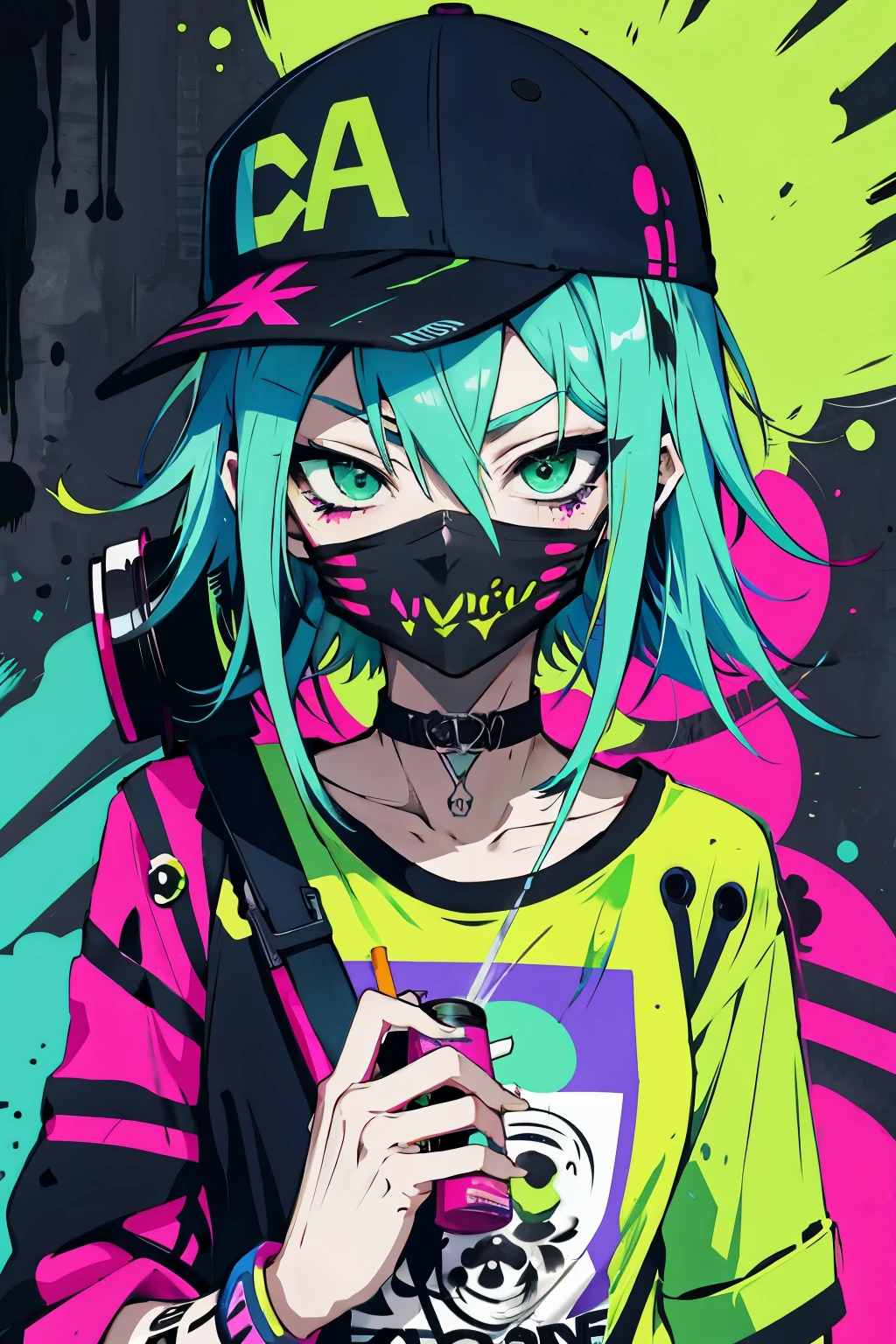 Anime schlankes Mädchen mit einer Mütze und einer Maske, schmales Gesicht, Eine Sprühdose halten, grünes, unordentliches Haar, Straßenhintergrund in Neonpink und Blau, Aufkleber, Grinsen im Gesicht, Harley-Stimmung, Böses Mädchen