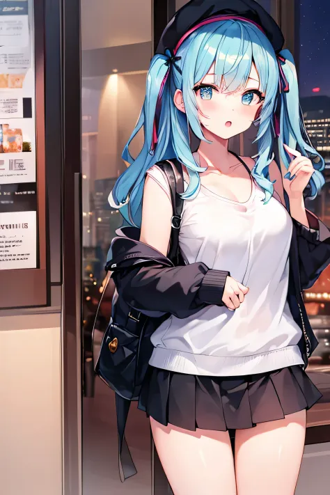 ​masterpiece、Top image quality、超A high resolution、miku hatsune、blue hairs、Twin-tailed、Blushing、mock、Open your mouth just a little、dressed casually、casual miniskirt、woman wearing a beret、Skyscraper、Japan、Night time