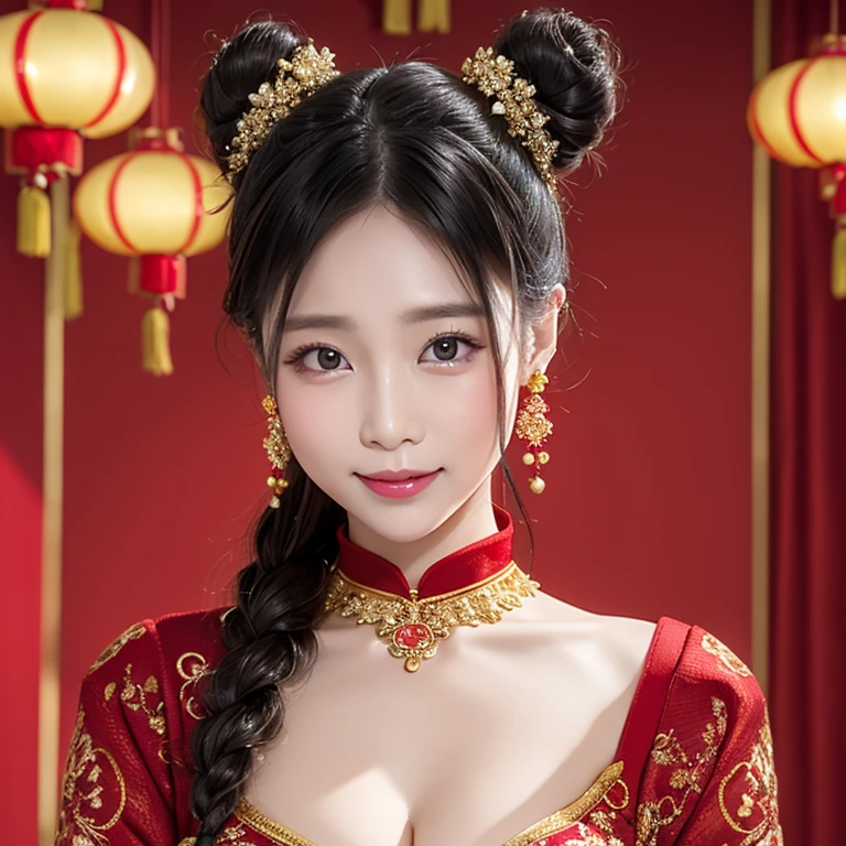 double bun（（（The eyes are delicate））），（（（hair adornments））），choker necklace，Woman wearing sexy red and gold lace sweater，The room is filled with Chinese New Year decorations（（Grinning））（（（tmasterpiece）））， （（Best quality at best））， （（intricately details））， （（hyper realisitc））（8K）