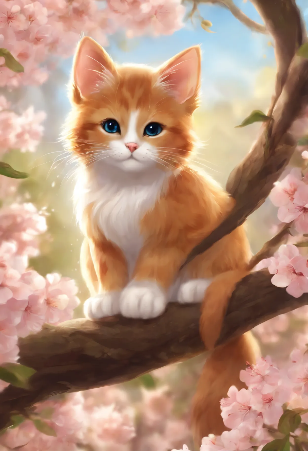 cat sitting on a tree branch, realistic Anime Cat, Anime Cat, Anime visual image of a cute cat, Фан-арт Warrior Cats, beautiful Anime Catgirl, very very beautiful furry art, very beautiful Anime Cat girl, Cherry blossom petals around it, ahri, in anime sty...