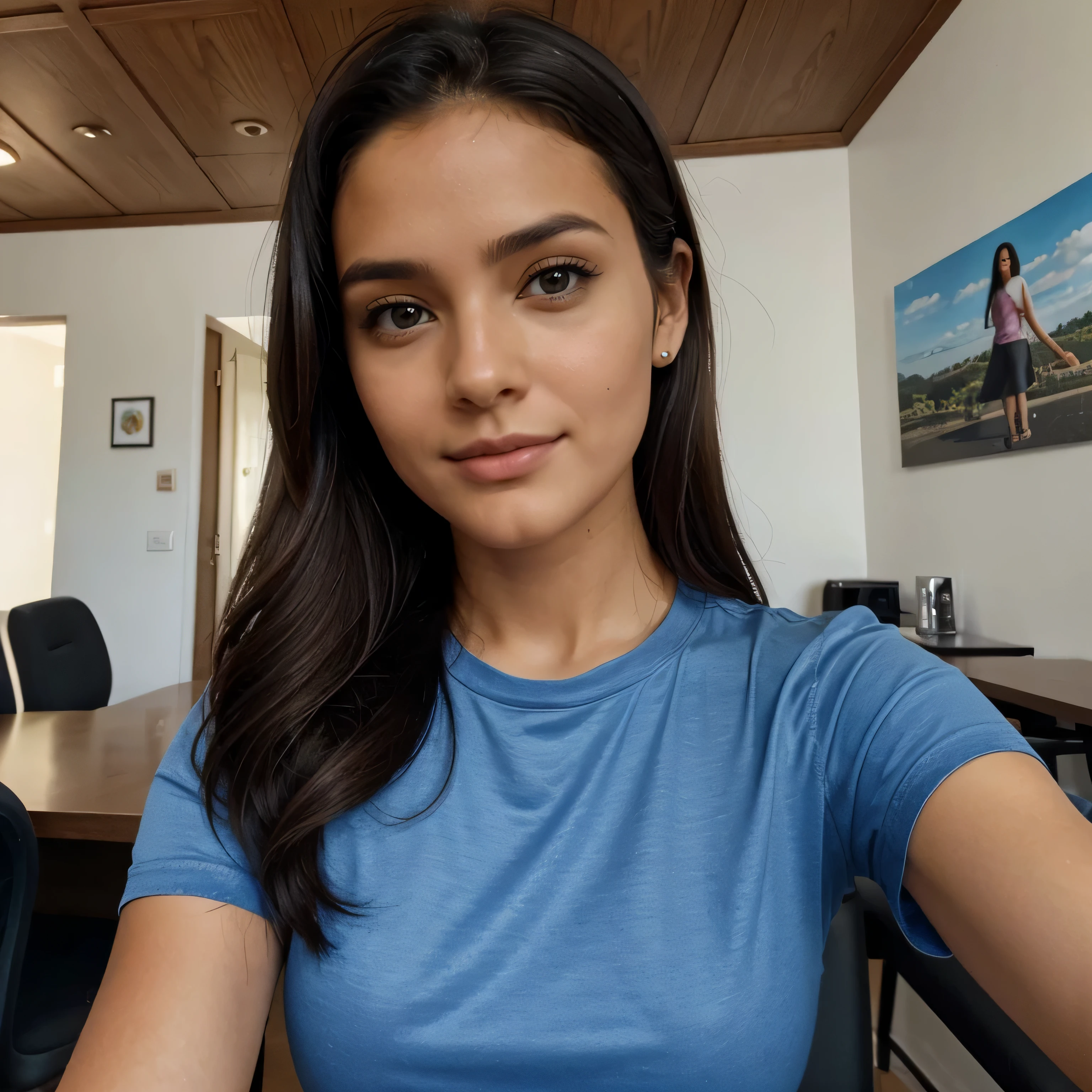 ((Selfie with a phone of a beautiful girl,Obra maestra: 1.3)), in a office background office cafe wear tshirt and jeans, Disfrutando, Hija, primavera, Chica caliente, (((Busto pesado))), black-hair, pony tail, face symmetrical, photoreallistic, Cinematographer, Phone camera, natural lighting, magnifica, escote, occidental, lo-fi, High resolution, extremadamente detallado, piel con poros, realistic lighting, Luz natural, Rostro natural, topos, Pose de Instagram, influencia, Baja fidelidad, imperfecto,28 year old,