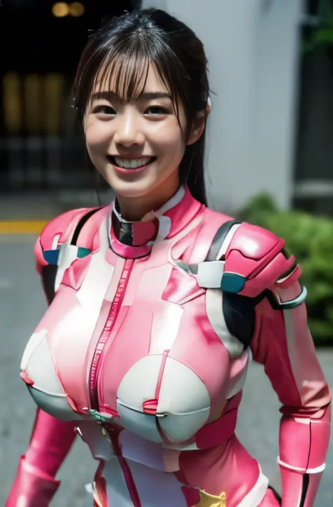 pink power range lemele、Realistic, shiny pink and white suit、Power Rangers Bodysuit、professional photograpy、Japan Person Model,fleshy body, A smile、Colossal tits、A dark-haired、Sweaty face、swimming pools、arching back down、full body Esbian
