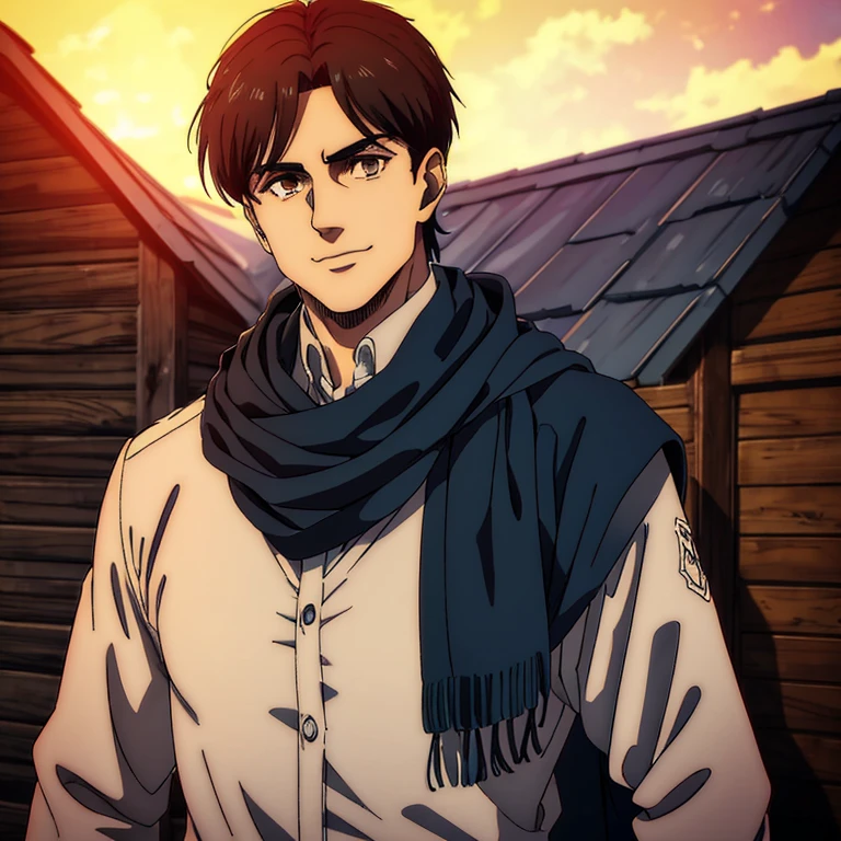 A male character with brown eyes and  with black hair in the Mappa art style. He is depicted in a grey, showcasing a sharp jawline.He is also wearing blue scarf. He is also well built body. He is wearing dark blue scarf around neck. He is also smiling . Behind him a small cabin. The artwork should have the best quality, with ultra-detailed and realistic features. The color palette should be vivid, and the lighting should emphasize the character's facial structure and expression.