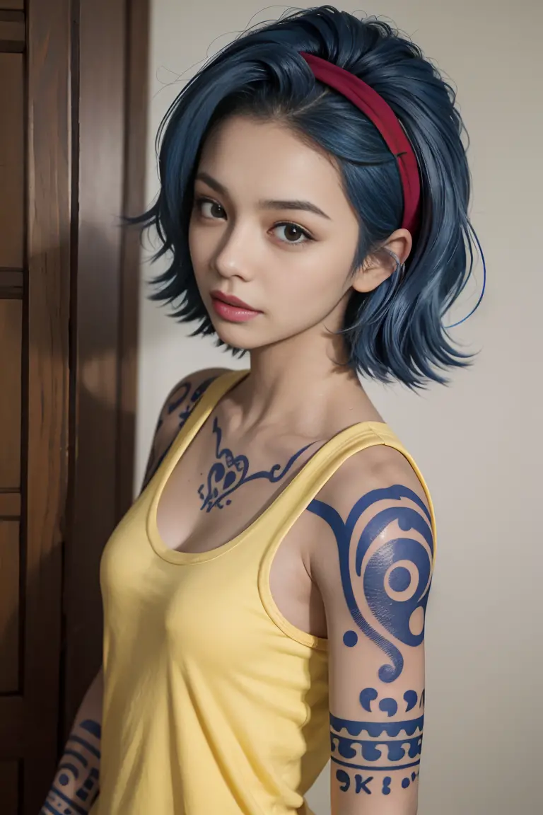 (masterpiece, best quality), nojiko, hairband, blue hair,yellow tank top,jins,tatto,