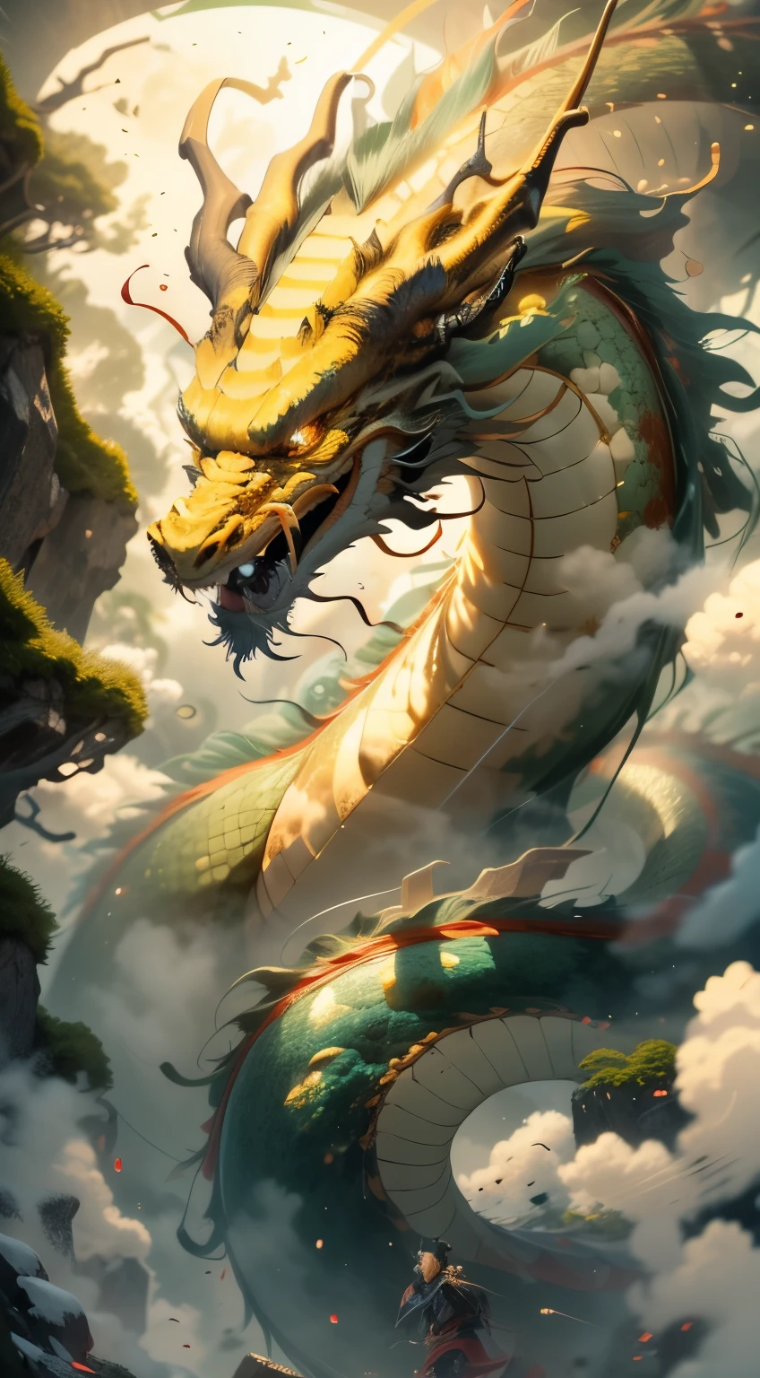 Photoréaliste　Dragon chinois　Un dragon　Même l&#39;air brille d&#39;or　longtemps pour　envelopper toguro　mythique　Le fond est la nature