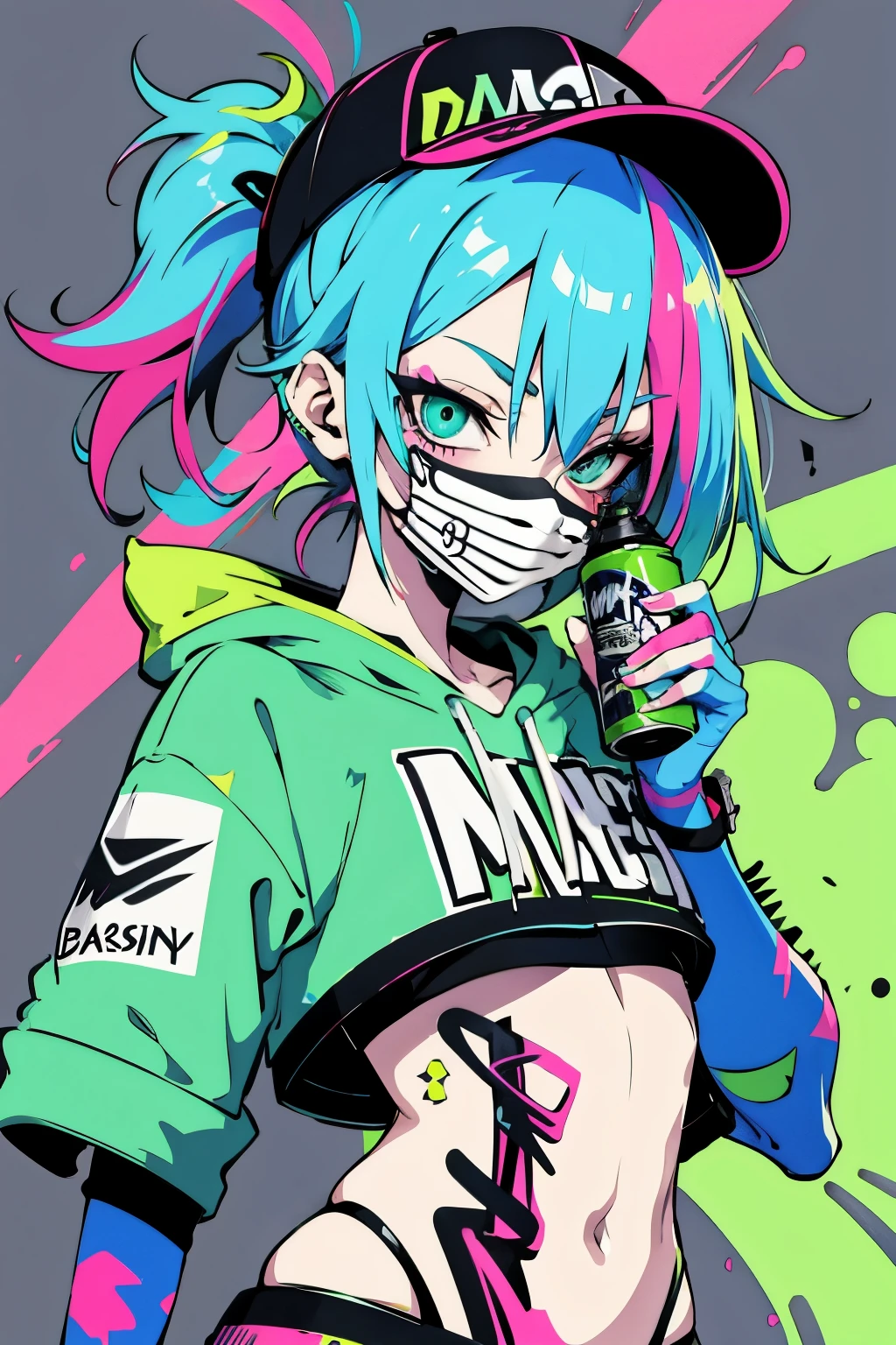 Anime schlankes Mädchen mit einer Mütze und einer Maske, schmales Gesicht, Eine Sprühdose halten, grünes, unordentliches Haar, Straßenhintergrund in Neonpink und Blau, Aufkleber, Grinsen im Gesicht, Harley-Stimmung, Böses Mädchen