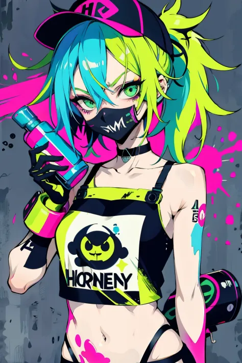 anime slim girl with a cap and a mask, thin face, holding a spray can, green messy hair, street background in neon pink and blue...