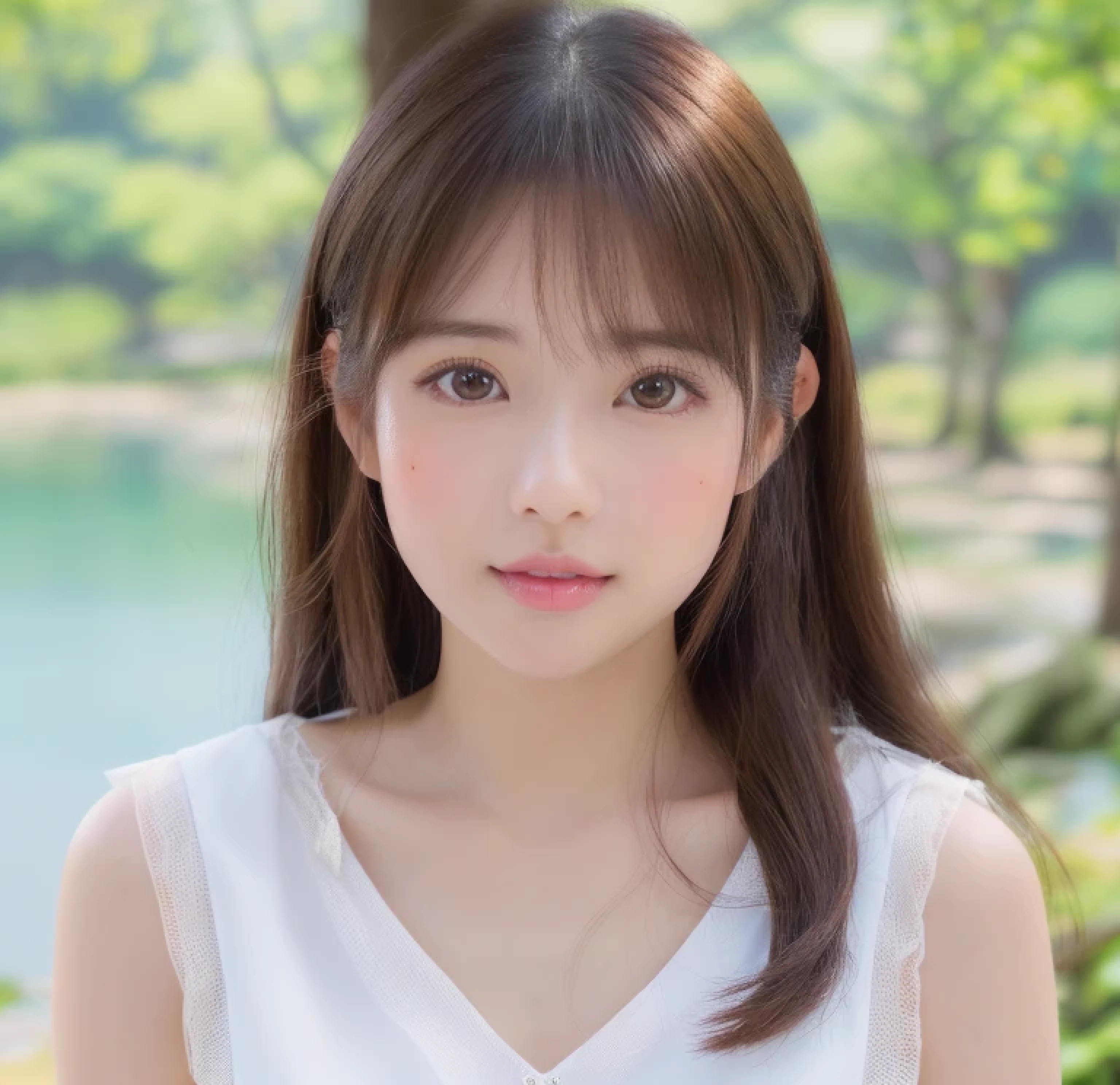 ((cute little日本の女の子、Beautiful japanese girl、1 girl in、age19、poneyTail、Highly detailed facial and skin texture、refinement、hyperdetailed face、ultradetailed eyes、blusher、blush、teak、ピンクのteakを塗った頬、close-up of woman、bustup、frontage、cute little、smooth white skin、Transparent skin texture、))、(dark brown  hair、bangss)、Looking at the camera、Beautiful Women in Perfect Style：1.4、Japanese Models、Young gravure idols、若いcute littleグラビアアイドル、Realistic Young Gravure Idol、refinementされたグラビアアイドル、((top-quality、in 8K、​masterpiece:1.3))、(4K、Raw photography、top-quality)、(reallistic、フォトreallistic:1.37)、Place a person on the other side of the screen、natural soft light、upper body and head、refinement、