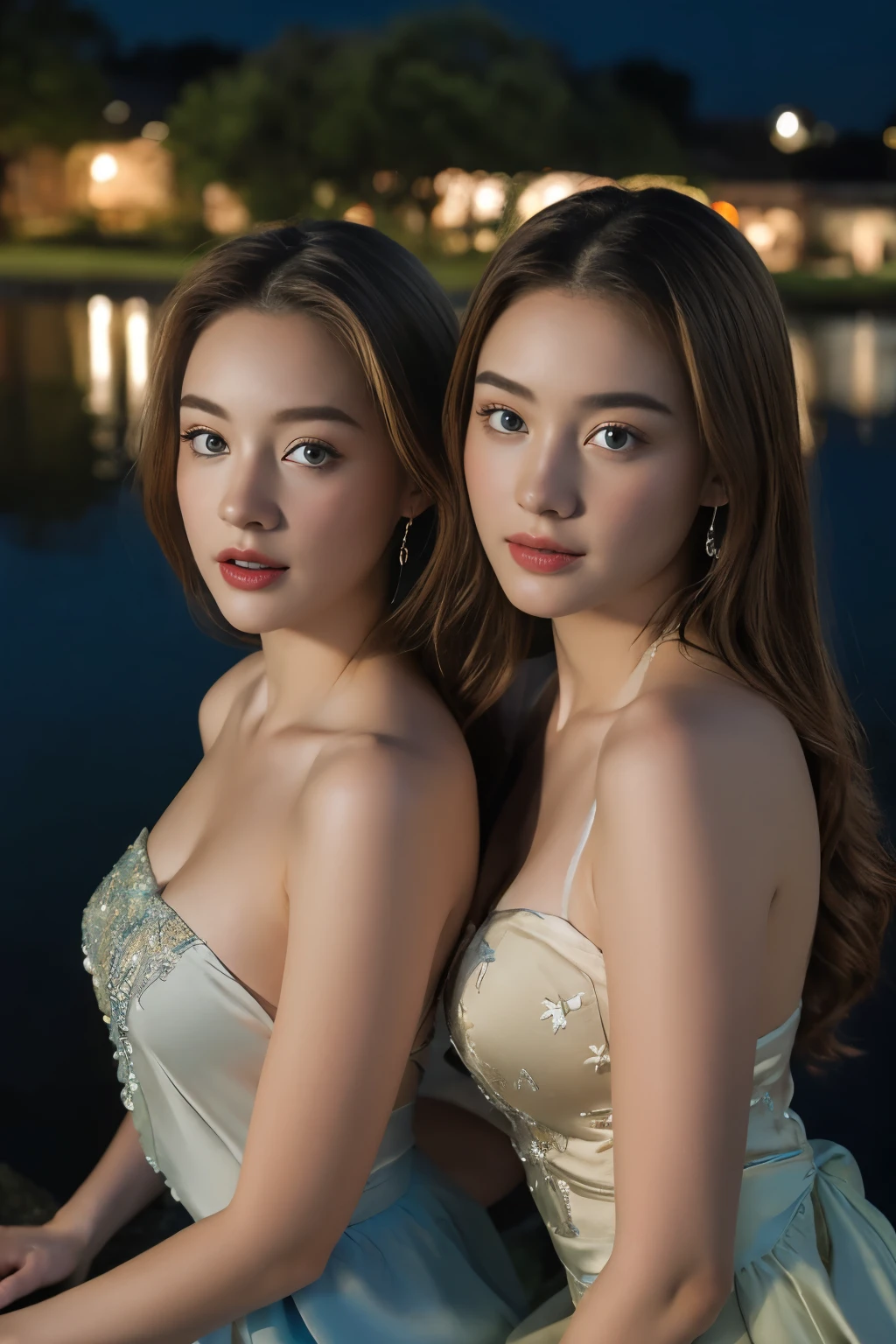 ((Ultra Long Exposure Photography)) high quality, highly detailed, a stunningly photorealistic closeup portrait of two beautiful animated women, intricate detailed eyes,open shoulders,skirtlift,where two mysterious women sits by the edge of a pond, capturing a romantic atmosphere under the starry sky.