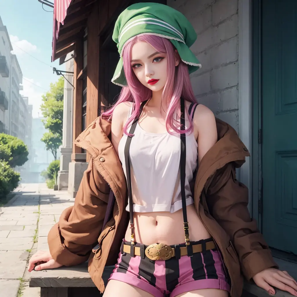 masterpiece, best quality, bny1, 1girl, solo, purple eyes, pink hair, long hair, green headwear, vertical striped shorts, suspen...