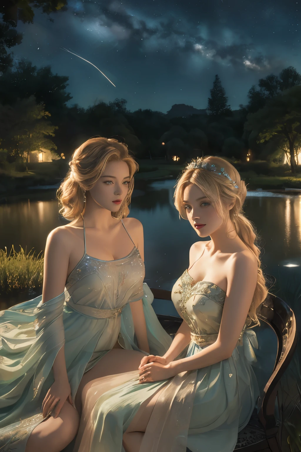 ((Ultra Long Exposure Photography)) high quality, highly detailed, a stunningly photorealistic closeup portrait of two beautiful animated women, intricate detailed eyes,open shoulders,skirtlift,where two mysterious women sits by the edge of a pond, capturing a romantic atmosphere under the starry sky.