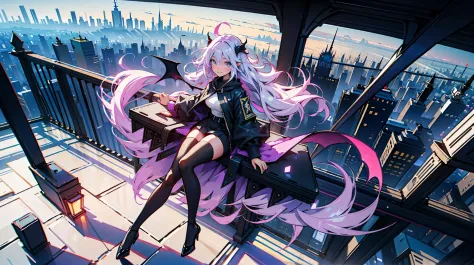laughing heartily, gradient eyes, full body, (The girl protagonist overlooking the demonic city from above:1.2), (Manhattan city...