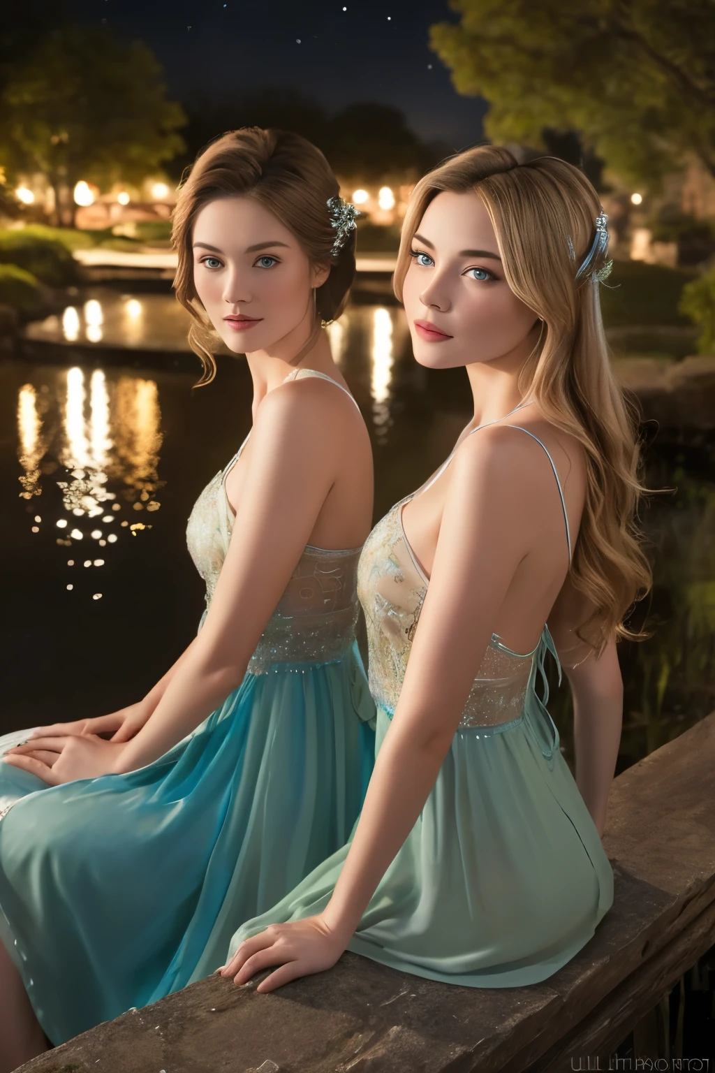 ((Ultra Long Exposure Photography)) high quality, highly detailed, a stunningly photorealistic closeup portrait of two beautiful animated women, intricate detailed eyes,open shoulders,skirtlift,where two mysterious women sits by the edge of a pond, capturing a romantic atmosphere under the starry sky.