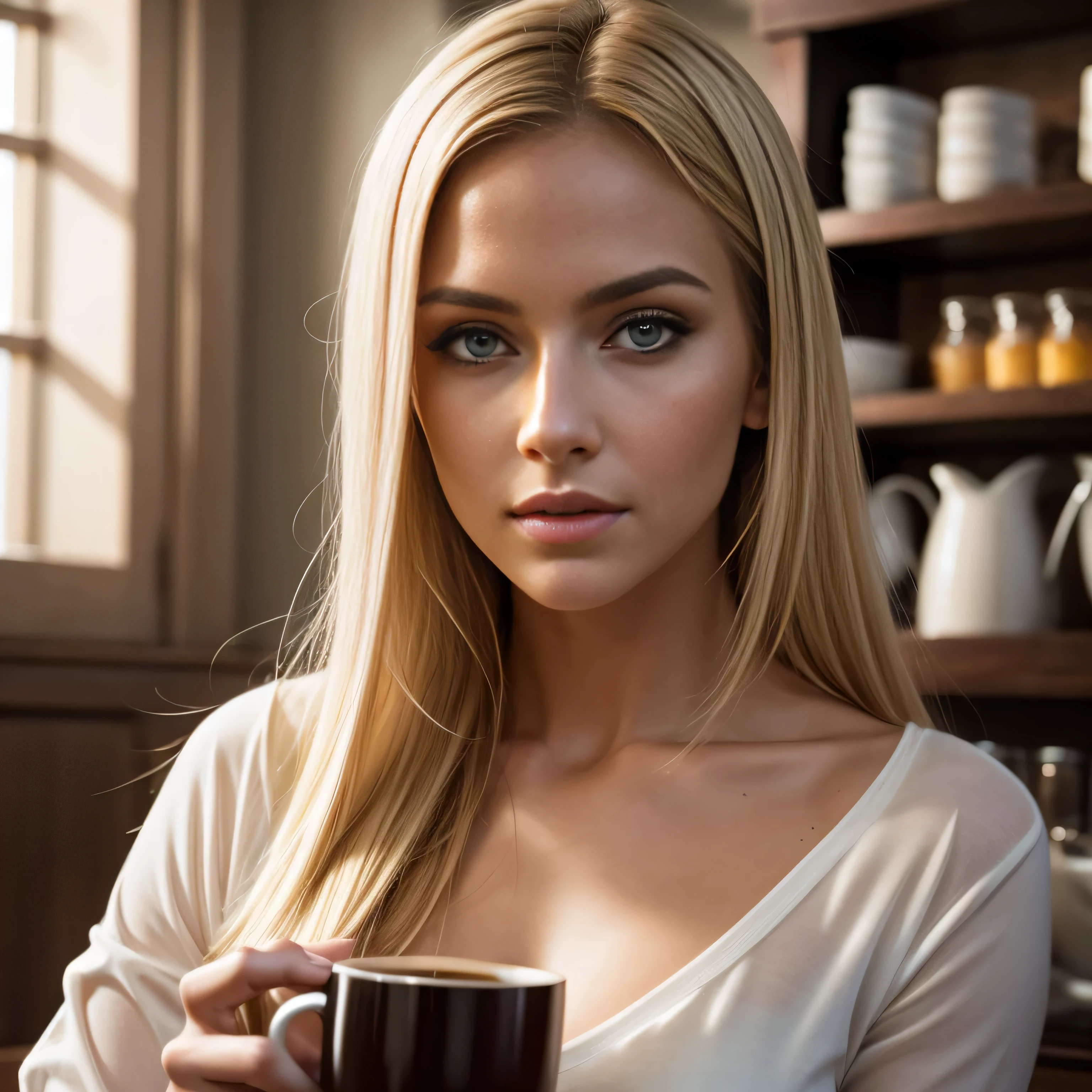professional full body photo, (4k photo:1.1) by (Jeremy Lipking:0.3), (Dittmann Anna:0.3), (Arian Mark:0.3), (Sharp focus:1.3), high detail, wearing casual clothes , coffe shop, blond hair, instagram model pose, confident, fit girl, lean girl, small breasts:1.2, perfect anatomy, perfect symmetry:1.2, realistic, realistic face:1.2, perfect face, happy, confident, highly detailed, and dramatic, cinematic lighting, bright scene, soft lights