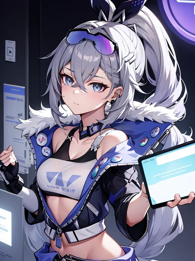 sliver wolf /(honkai:star rail/), grey hair(drill ponytail), fur trim jacket, sunglasses (piercing gaze)(cold expression), beaut...