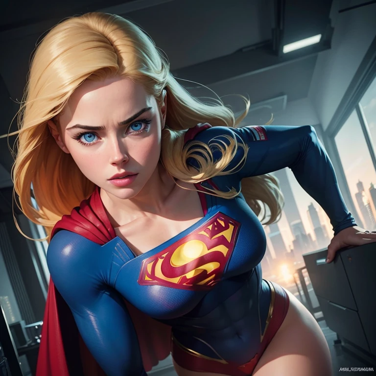 Super realistic portrait of Amy Adams as Supergirl with an extremely detailed depiction of her face, capturing her beautiful eyes, nose, and lips. The artwork will showcase her in a powerful and confident pose, showcasing her superhuman abilities. The scene will be set in a vibrant cityscape, with tall skyscrapers and bustling streets. The overall image quality will be of the highest standard, with a resolution of k and ultra-high definition. The medium used will be a combination of digital illustration and photography, creating a unique blend of realism and artistic style. The colors will be vivid and vibrant, with a slight cinematic tone to enhance the superhero atmosphere. The lighting will be dynamic and dramatic, with strong highlights and shadows, emphasizing the strength and determination of the character. This masterpiece will bring out the true essence of Supergirl, highlighting both her inner strength and outer beauty.