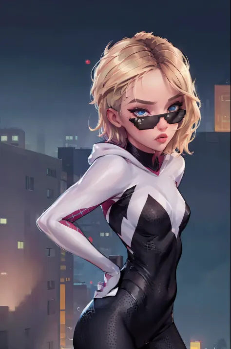(best quality,realistic:1.37),ultra-detailed,(professional,vivid colors:1.1),portraits, gwen gwen_stacy  posing badass looking up,deadpan expression,mean expression,detailed eyes and face,beautiful lips,fierce attitude,confident posture,strong glare,powerf...