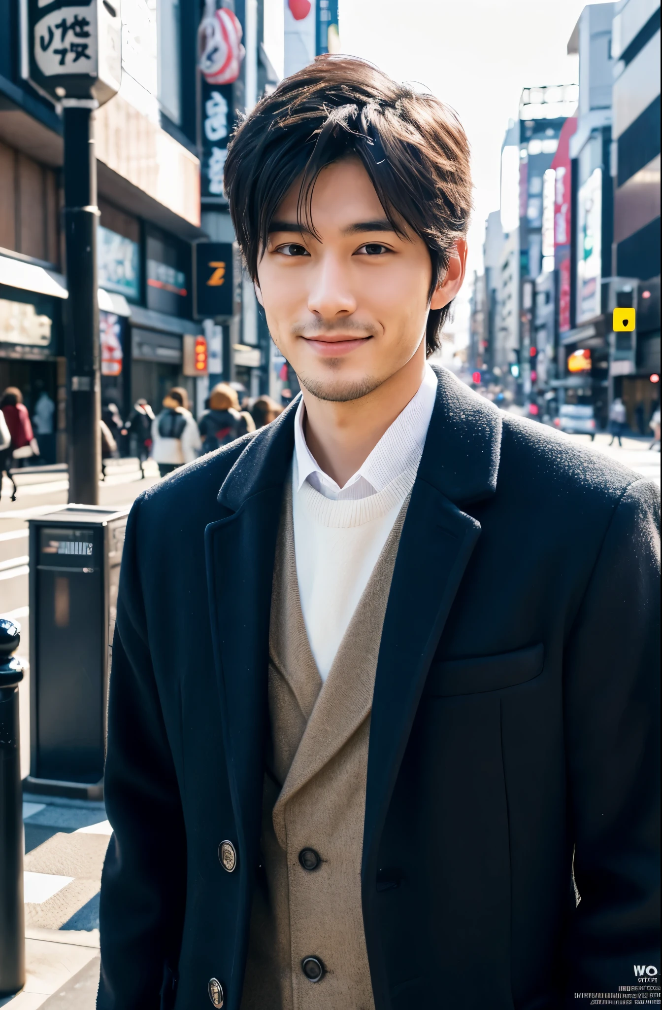 Fotorrealista, Póster de cuerpo completo en 8K, un guapo, japonés, un hombre de 25 años, Una expresión encantadora, detalles detallados de la cara, TOKIOcty, inviernos, Shibuya al fondo