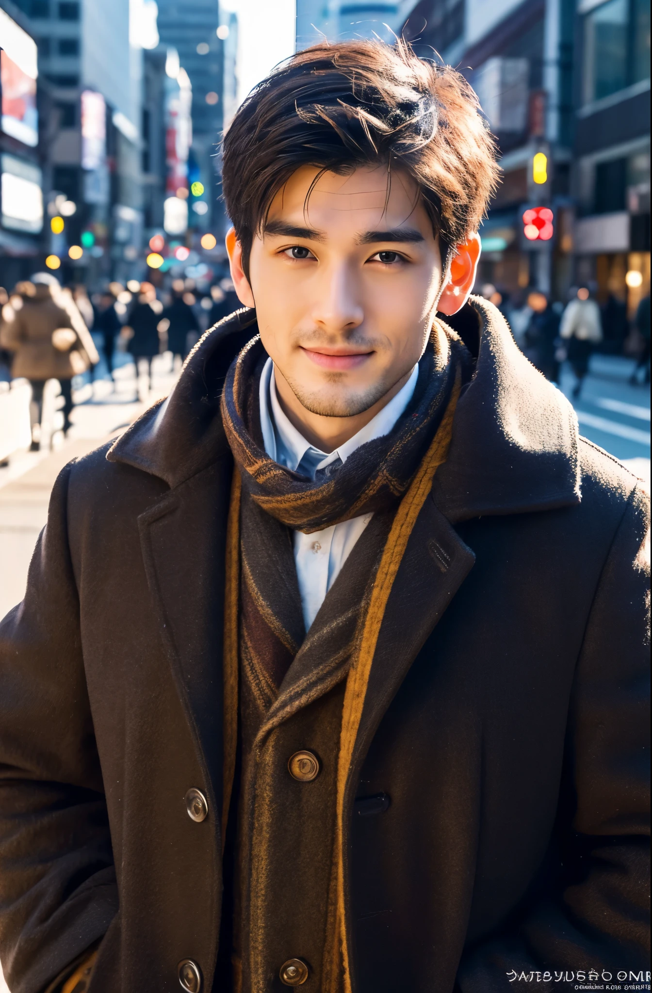 Fotorrealista, Póster de cuerpo completo en 8K, un guapo, japonés, un hombre de 25 años, Una expresión encantadora, detalles detallados de la cara, TOKIOcty, inviernos, Shibuya al fondo