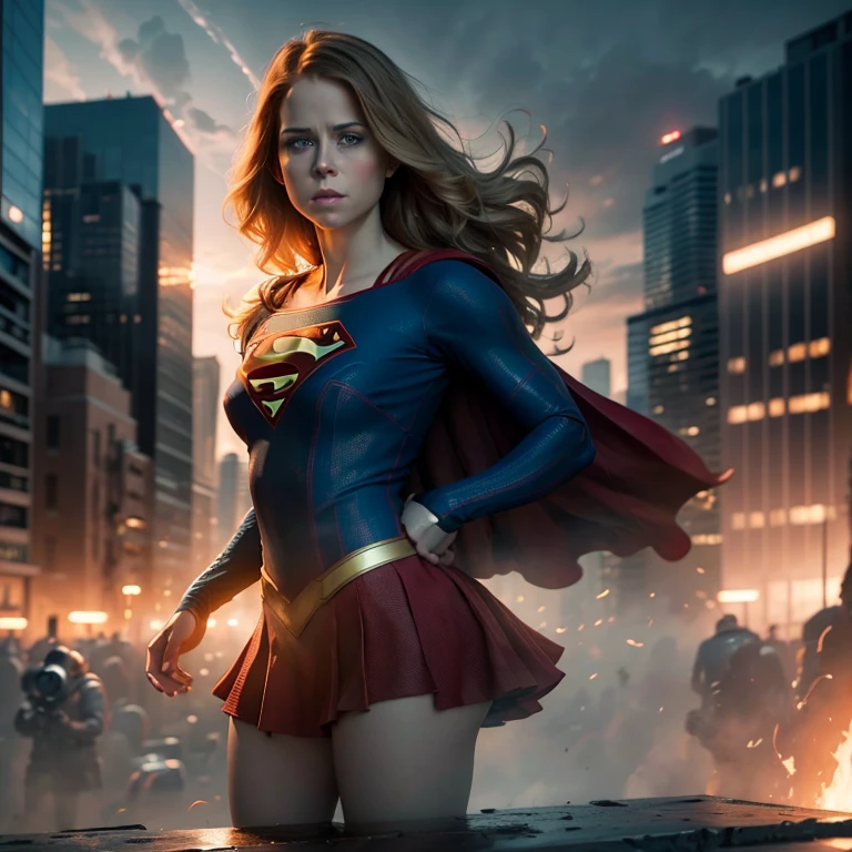 Super realistic portrait of Amy Adams as Supergirl with an extremely detailed depiction of her face, capturing her beautiful eyes, nose, and lips. The artwork will showcase her in a powerful and confident pose, showcasing her superhuman abilities. The scene will be set in a vibrant cityscape, with tall skyscrapers and bustling streets. The overall image quality will be of the highest standard, with a resolution of 64k and ultra-high definition. The medium used will be a combination of digital illustration and photography, creating a unique blend of realism and artistic style. The colors will be vivid and vibrant, with a slight cinematic tone to enhance the superhero atmosphere. The lighting will be dynamic and dramatic, with strong highlights and shadows, emphasizing the strength and determination of the character. This masterpiece will bring out the true essence of Supergirl, highlighting both her inner strength and outer beauty.