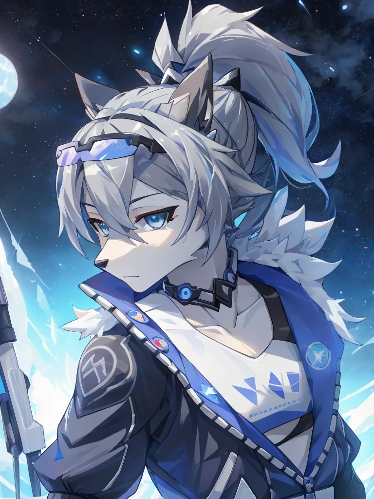 sliver wolf /(honkai:star rail/), grey hair(drill ponytail), fur trim jacket, sunglasses (piercing gaze)(cold expression), beautiful face, beautiful eyes, ultra hd, high resolution, best quality, 8k, top quality, Anime character, game character, girls, video game, silver wolf, honkaistarrail