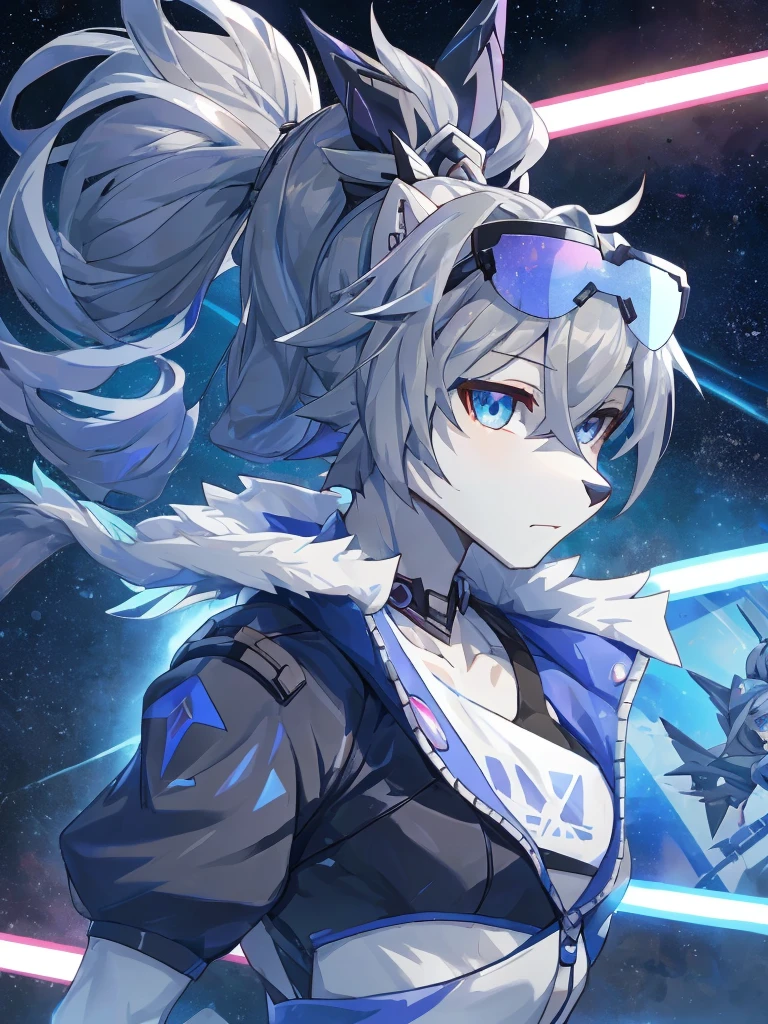 sliver wolf /(honkai:star rail/), grey hair(drill ponytail), fur trim jacket, sunglasses (piercing gaze)(cold expression), beautiful face, beautiful eyes, ultra hd, high resolution, best quality, 8k, top quality, Anime character, game character, girls, video game, silver wolf, honkaistarrail