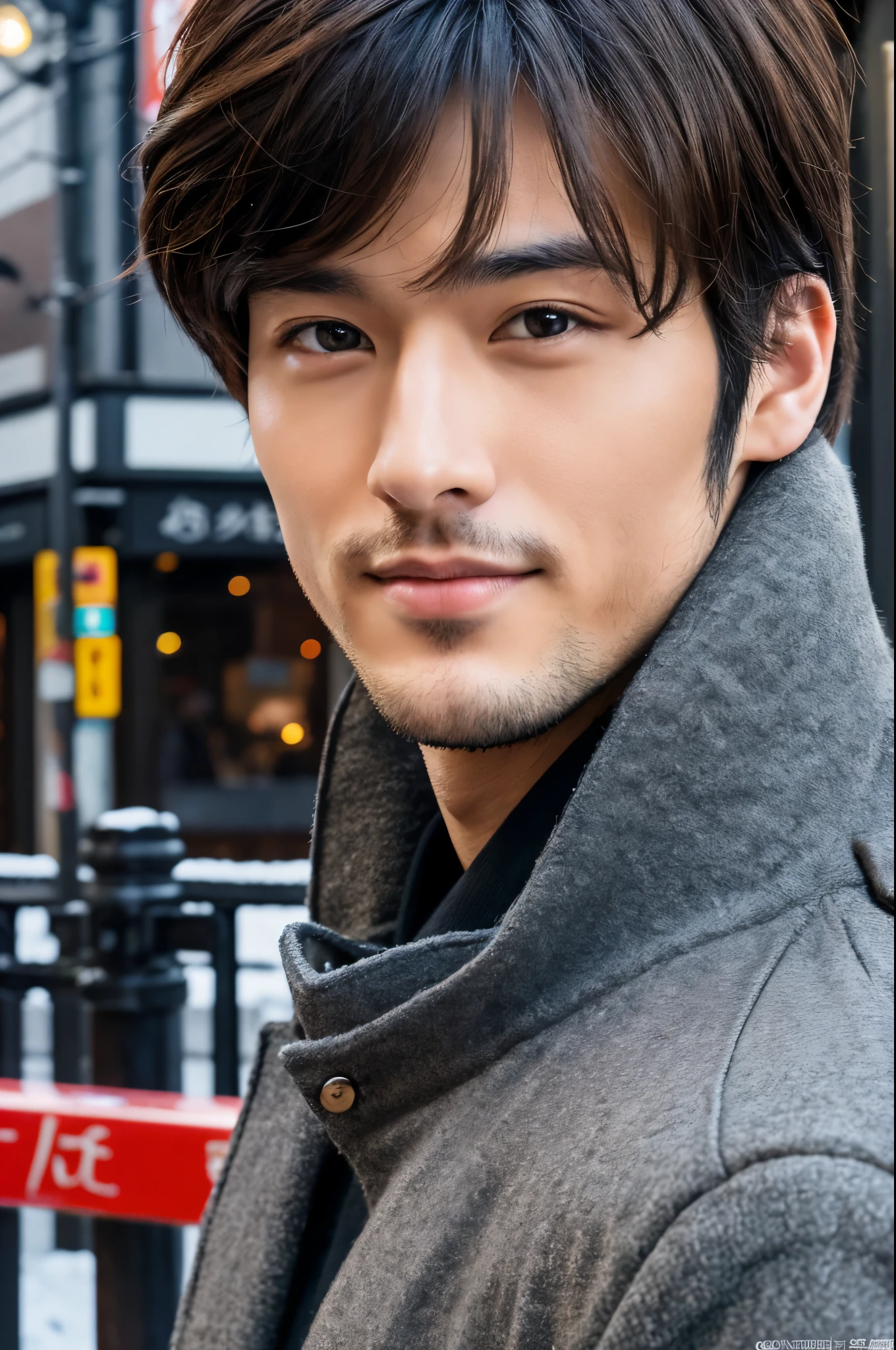 Fotorrealista, Póster de cuerpo completo en 8K, un guapo, japonés, un hombre de 25 años, Una expresión encantadora, detalles detallados de la cara, TOKIOcty, inviernos, Shibuya al fondo