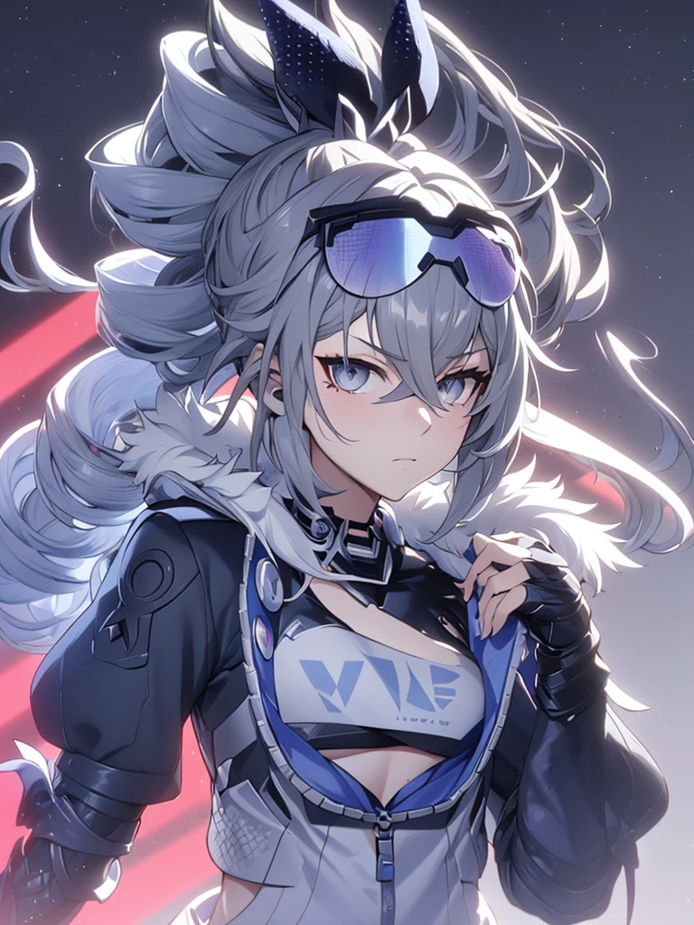 sliver wolf /(honkai:star rail/), grey hair(drill ponytail), fur trim jacket, sunglasses (piercing gaze)(cold expression), beautiful face, beautiful eyes, ultra hd, high resolution, best quality, 8k, top quality, Anime character, game character, girls, video game, silver wolf, honkaistarrail