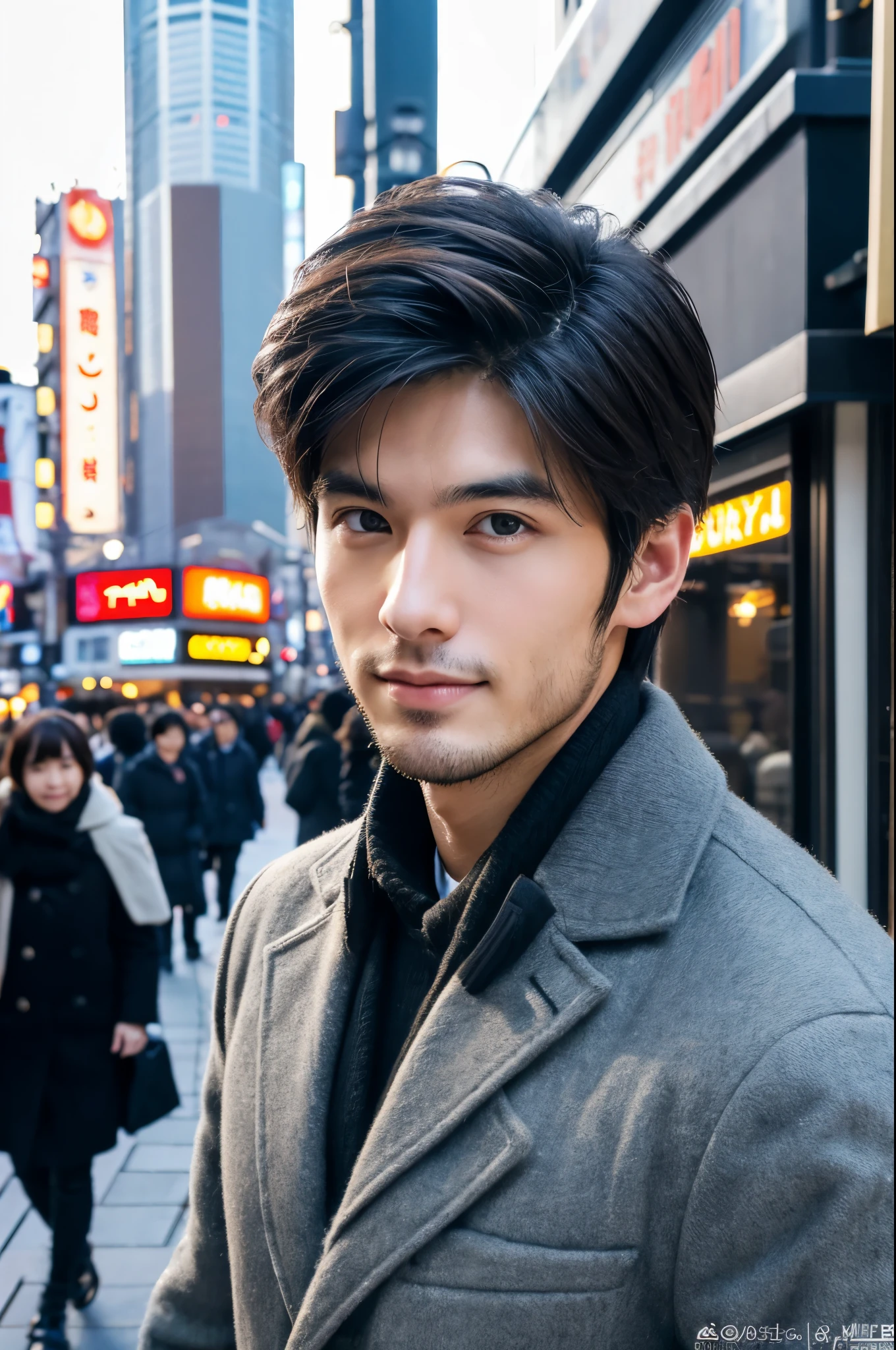 Fotorrealístico, Pôster de corpo inteiro 8K, um lindo, japonês, Um homem, Uma expressão encantadora, detalhes detalhados do rosto, TÓQUIO Outubro, Invernos, Shibuya ao fundo