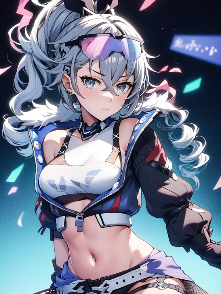 sliver wolf /(honkai:star rail/), grey hair(drill ponytail), fur trim jacket, sunglasses (piercing gaze)(cold expression), beautiful face, beautiful eyes, ultra hd, high resolution, best quality, 8k, top quality, Anime character, game character, girls, video game, silver wolf, honkaistarrail