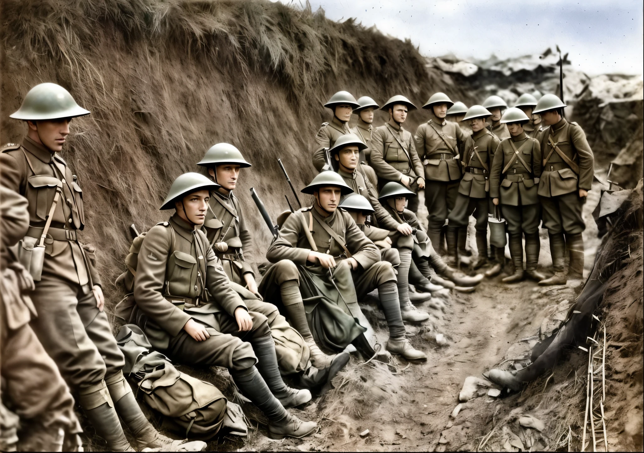 soldiers in uniforms are sitting on the side of a hill, colourised, ww1 photo, in trenches, ww1 trench, colourized, world war one, ww1 film photo, trenches, first world war, wwi, ww 1, ww1, world war 1, colorized, colorized photograph, taken on a ww 1 camera, coloured photo