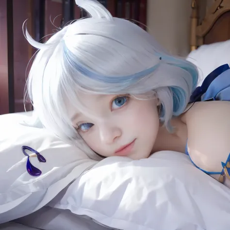 Beutiful, anime, white hair, Furina, genshin impact, on the bed