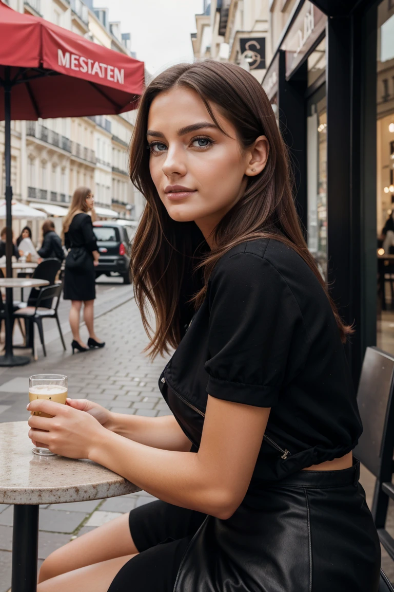 Instagram models pose in Paris, in modern clothes, sitting in a outside  cafe in - SeaArt AI