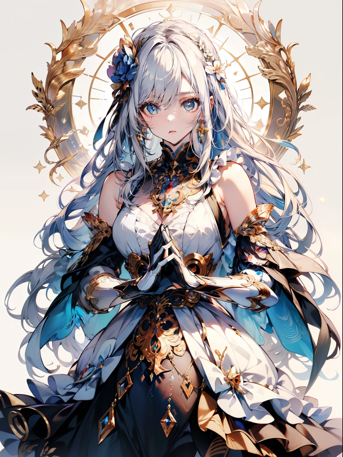 Official art, ヨーロッパの​masterpiece女性,, pale silver hair , azure eyes, (​masterpiece、top-quality、hight resolution: 1.4),in 8K, Anime Art Nouveau, highly detailed exquisite fanart, anime fantasy illustration, clean detailed anime art, detailed anime art, sharp focus of a person, Delicate Beautiful Hair and Eyes and Face, realisitic, ultra-detailliert, Flower Garden,((Delicate, delicate and cute hands)),((elegant shiny dress)),((Lots of races)),((lots of ruffles)),((lots of ribbons))