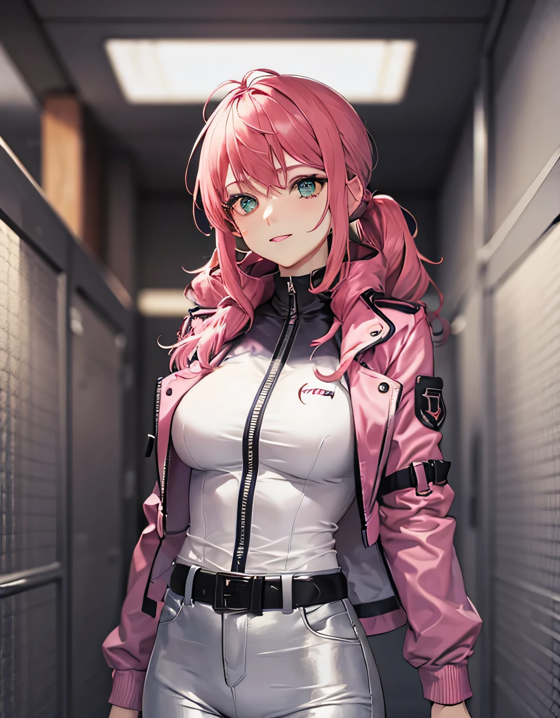 feldt grace, felt uniform, Long hair, Cropped jacket, Pink jacket, White pants, Belt bag,(Large breasts:1.5),Looking at Viewer,(((masutepiece))),((Best Quality)),Perfect Anatomy,8K UHD,extra detailed face,gloss and shiny,((1girl in)),((Solo)),(Beautiful detailed eyes:1.5),image perfect,(Upper body:1.1),(Look at the front:1.1),Arms behind,Slim waist,Shiny hair,Standing,lightsmile,indoor hall,