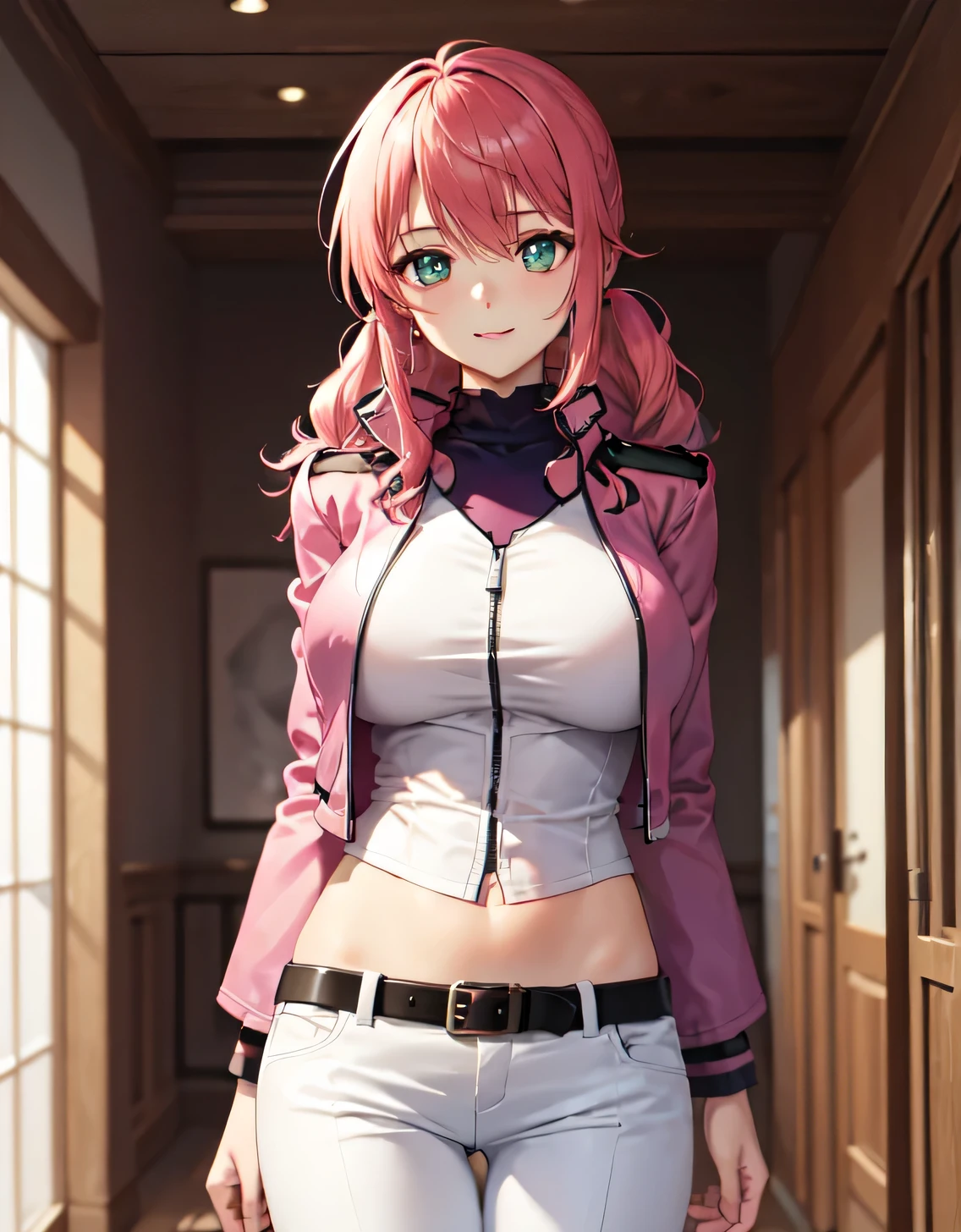 feldt grace, felt uniform, Long hair, Cropped jacket, Pink jacket, White pants, Belt bag,(Large breasts:1.5),Looking at Viewer,(((masutepiece))),((Best Quality)),Perfect Anatomy,8K UHD,extra detailed face,gloss and shiny,((1girl in)),((Solo)),(Beautiful detailed eyes:1.5),image perfect,(Upper body:1.1),(Look at the front:1.1),Arms behind,Slim waist,Shiny hair,Standing,lightsmile,indoor hall,