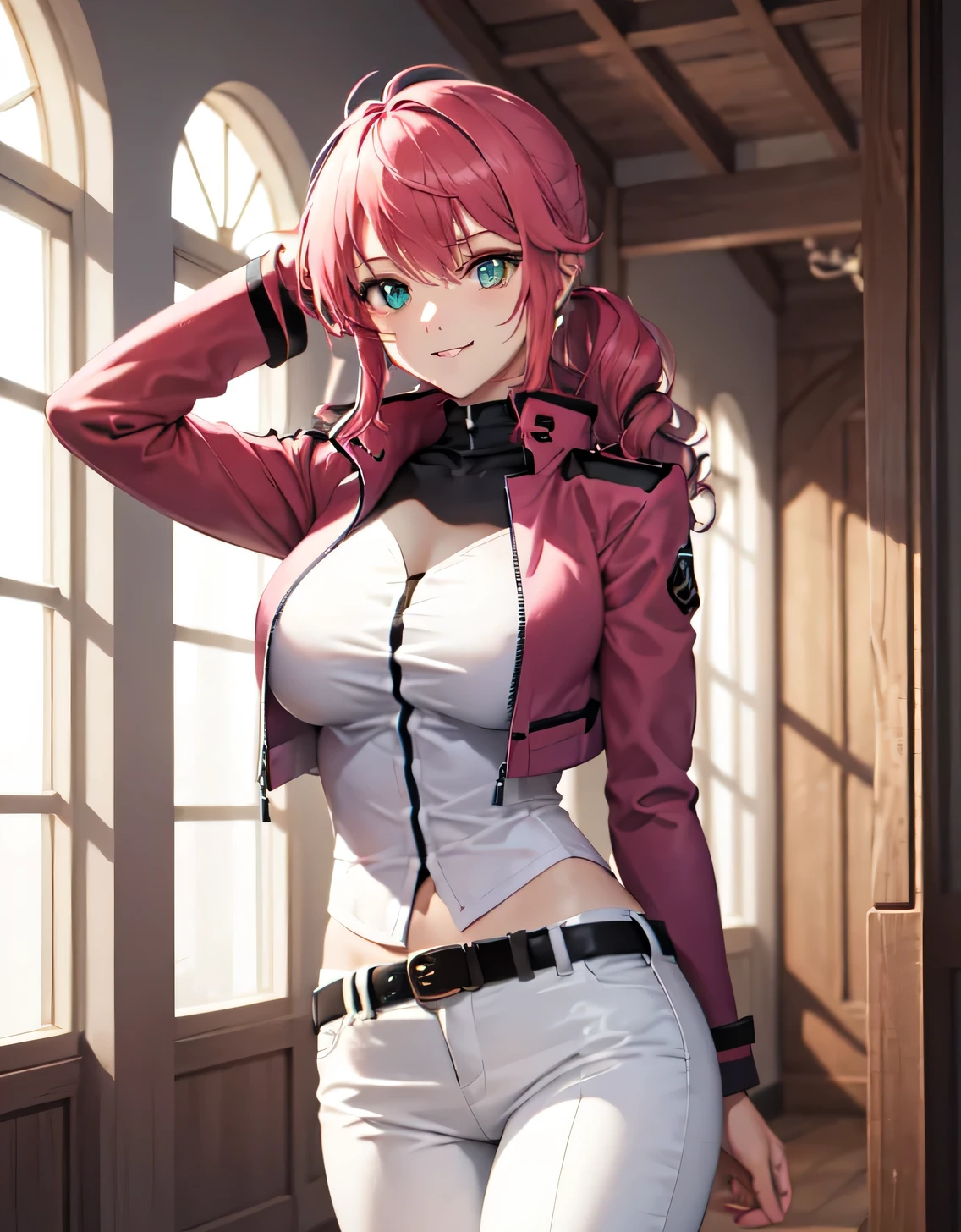 feldt grace, felt uniform, Long hair, Cropped jacket, Pink jacket, White pants, Belt bag,(Large breasts:1.5),Looking at Viewer,(((masutepiece))),((Best Quality)),Perfect Anatomy,8K UHD,extra detailed face,gloss and shiny,((1girl in)),((Solo)),(Beautiful detailed eyes:1.5),image perfect,(Upper body:1.1),(Look at the front:1.1),Arms behind,Slim waist,Shiny hair,Standing,lightsmile,indoor hall,