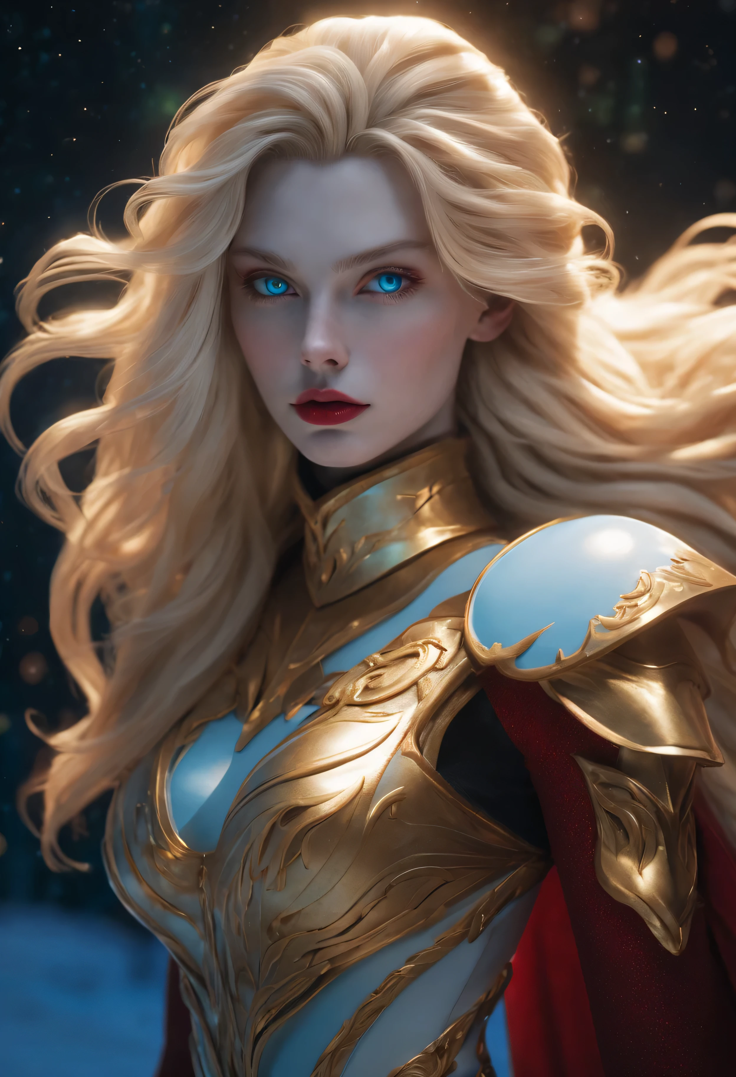 PHOTOGRAPH OF THE FACE OF A BEAUTIFUL PALE BLONDE BOMBSHEL VALKYRIE, ENORME CABELO LONGO, very pale skin, Olhos azuis claros, Sobrancelhas loiras, bochechas rosadas, high cheekbones, FORAME MENTAL, red lips, boca fechada, serious face, Looking at camera, BLUE NECK BODY, COLAR DE CHOKE DOURADO, CLOSE FACE VIEW, Vista frontal da face, North Pole, aurora boreal, imagem precisa, master part