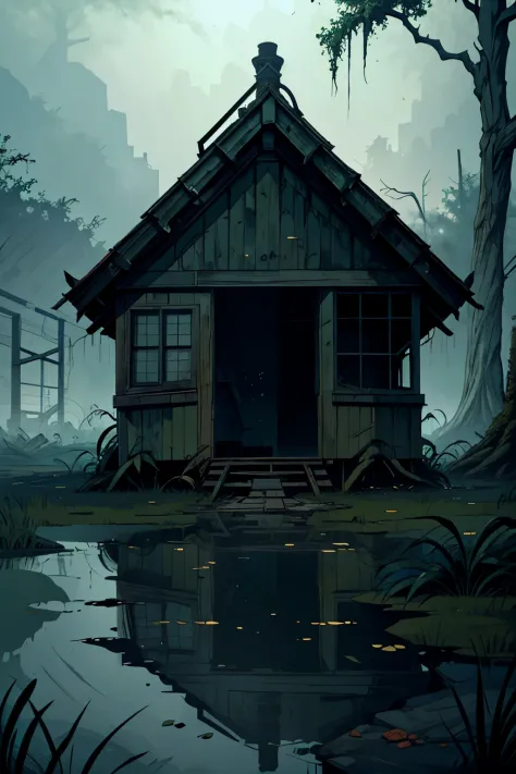 scary abandoned station in the swamp, hut in the fog, horror illustration , hut on a scary swamp
