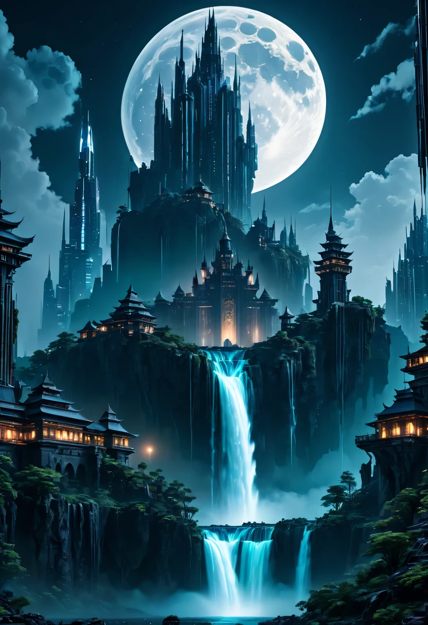 nighttime scene,Full moon night，Huge castles and skyscrapers floating in the sky cyberpunk alien world fantasy high quality ultra high definition utopia 8K giant waterfall nature