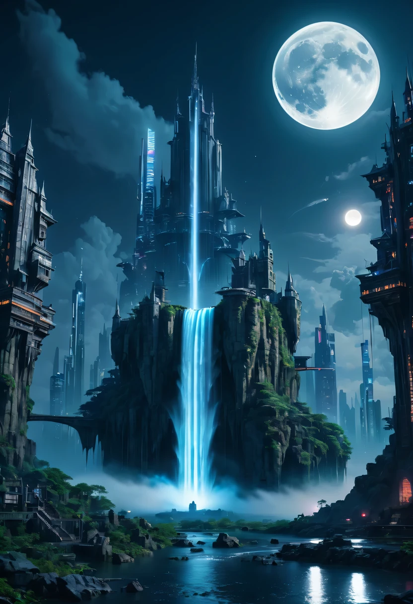nighttime scene,Full moon night，Huge castles and skyscrapers floating in the sky cyberpunk alien world fantasy high quality ultra high definition utopia 8K giant waterfall nature