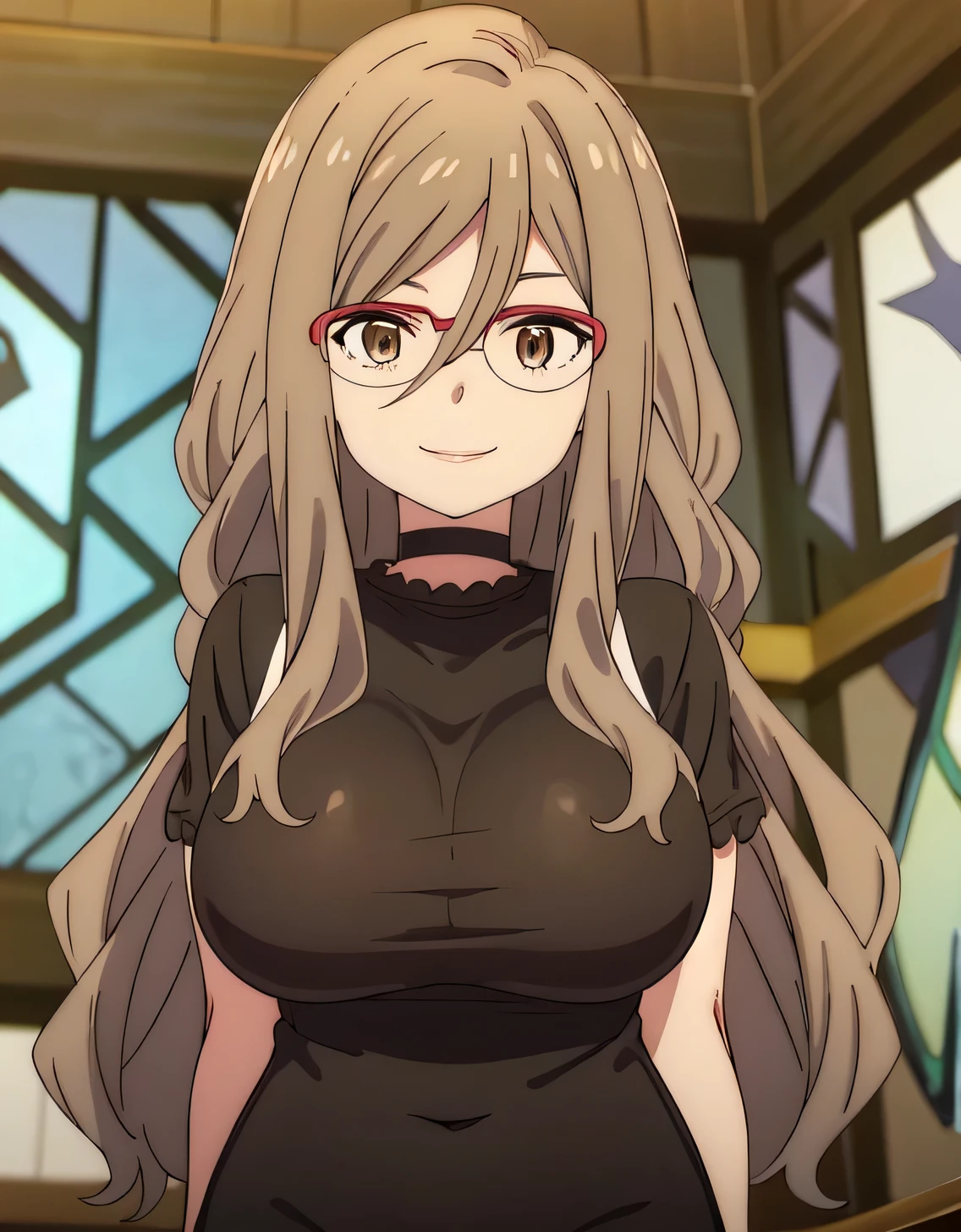 Nakahara Rishi,absurderes,Perfect Anatomy,Nakahara Mitsuki,Long hair,Red-framed eyewear,Black shirt,Tight skirt,Smile,office room,(Large breasts:1.5),Looking at Viewer,(((masutepiece))),((Best Quality)),Perfect Anatomy,8K UHD,extra detailed face,gloss and shiny,((1girl in)),((Solo)),(Beautiful detailed eyes:1.5),image perfect,(Upper body:1.1),(Look at the front:1.1),arms behind back,Slim waist,Shiny hair,Standing