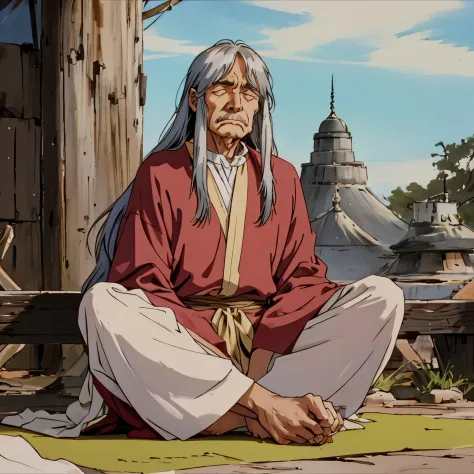 an old man with long hair meditating with