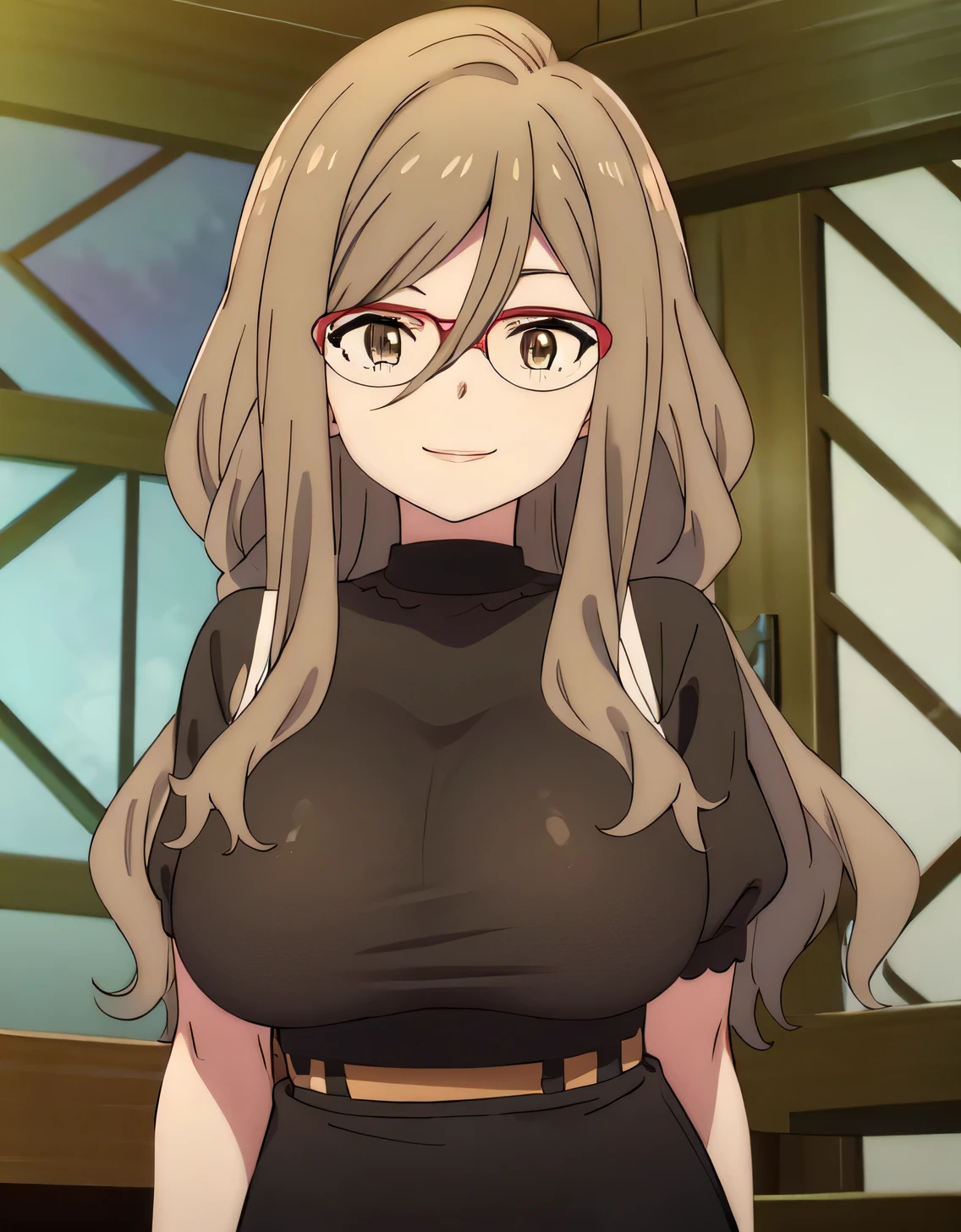 Nakahara Rishi,absurderes,Perfect Anatomy,Nakahara Mitsuki,Long hair,Red-framed eyewear,Black shirt,Tight skirt,Smile,office room,(Large breasts:1.5),Looking at Viewer,(((masutepiece))),((Best Quality)),Perfect Anatomy,8K UHD,extra detailed face,gloss and shiny,((1girl in)),((Solo)),(Beautiful detailed eyes:1.5),image perfect,(Upper body:1.1),(Look at the front:1.1),arms behind back,Slim waist,Shiny hair,Standing