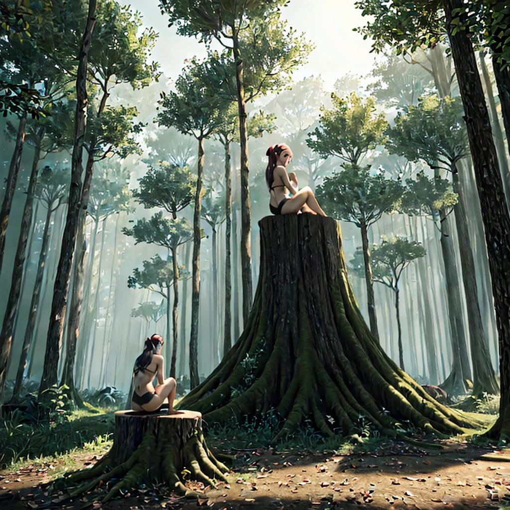 A pensive and sad forest nymph, ewaring in leaves sits on a cut stump, a spooky thick gray forest with spooky gray forest animals behind her, an farevay industrial landscape visible behind the trees , inspired by 𝐑𝐚𝐟𝐚ł 𝐎𝐥𝐛𝐢ń𝐬𝐤𝐢 𝐀𝐧𝐚𝐬𝐭𝐚𝐳𝐣𝐚 𝐌𝐚𝐫𝐤𝐨𝐰𝐢𝐭𝐜𝐡 CGSociety, volumetric lighting