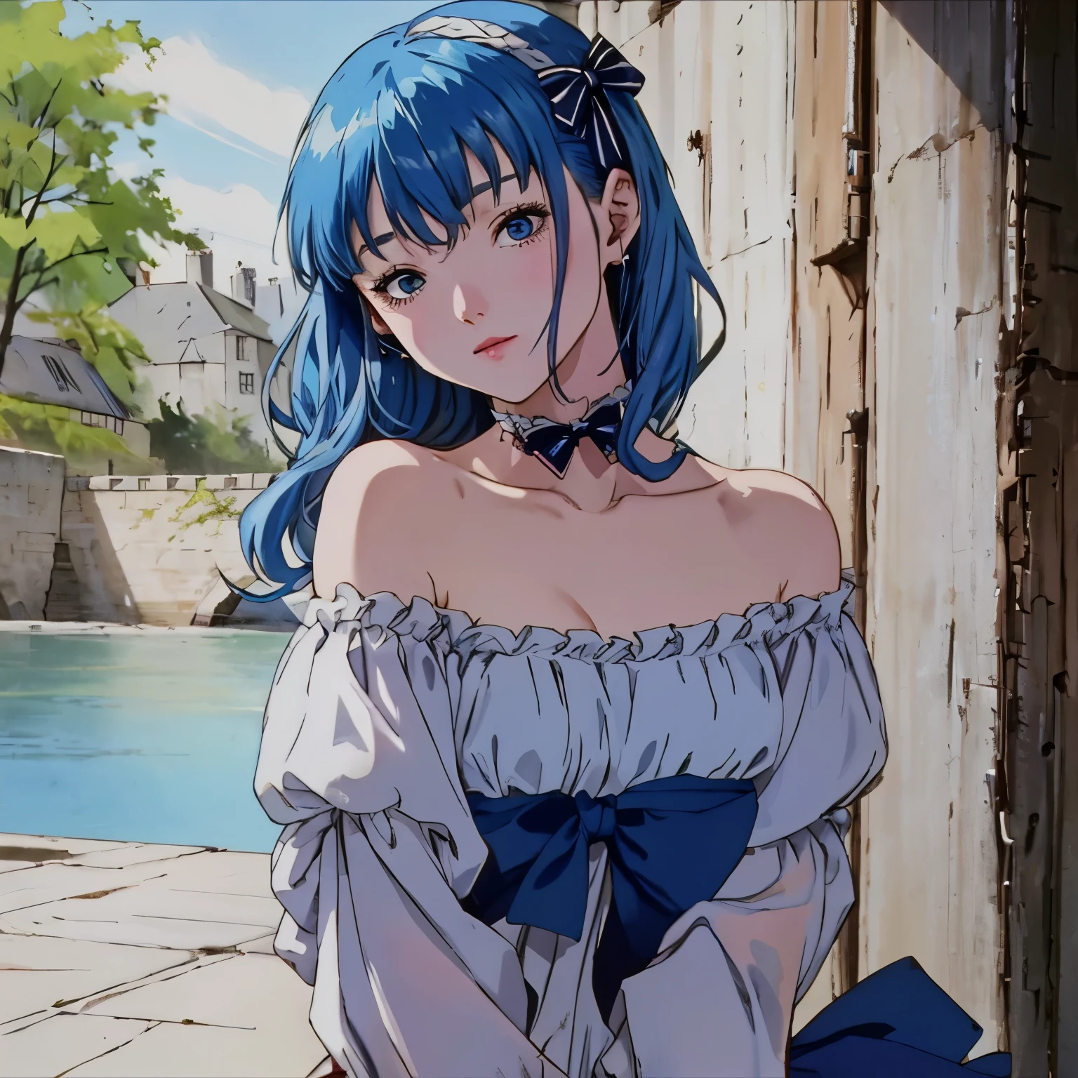 A beautiful blue-haired woman with a bow