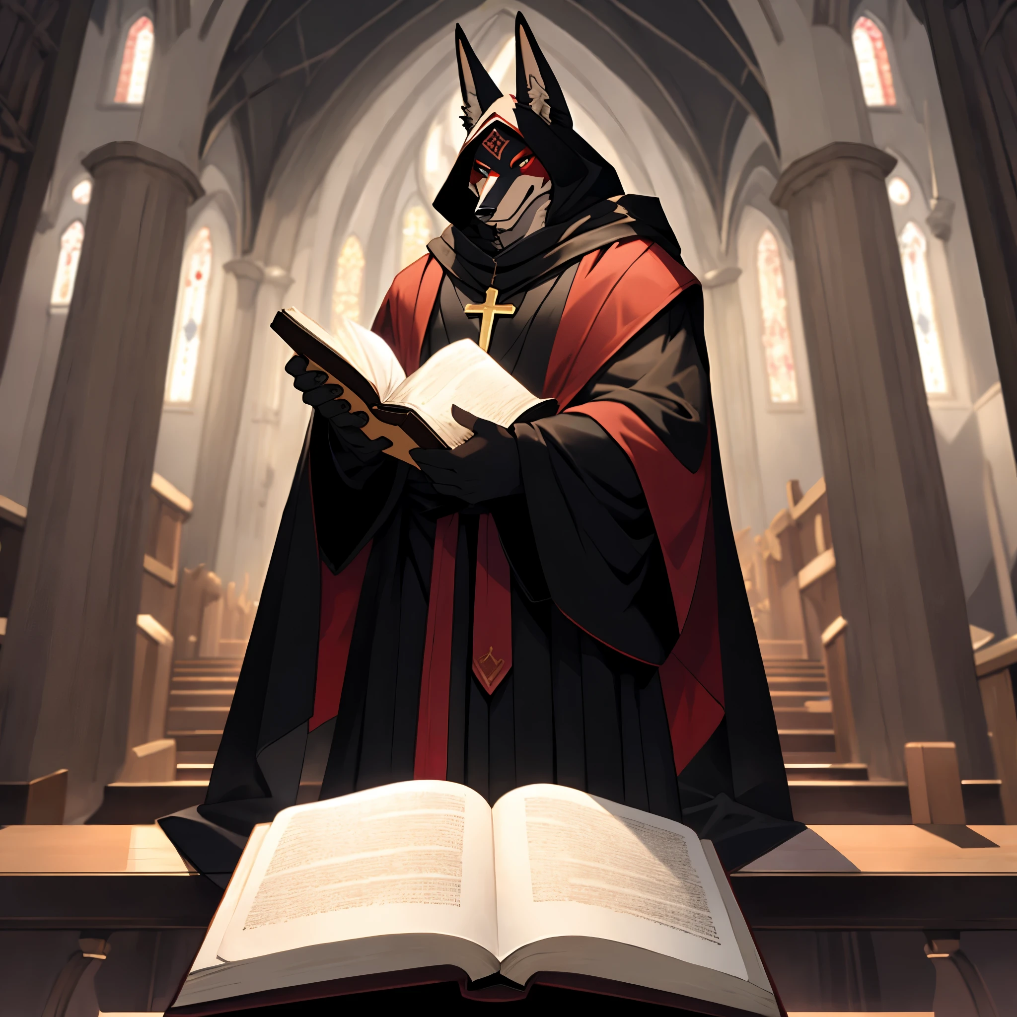 一只肌肉发达的拟人豺狼，手拿一本书，戴着红色面具，身穿黑色长袍, 教堂背景,